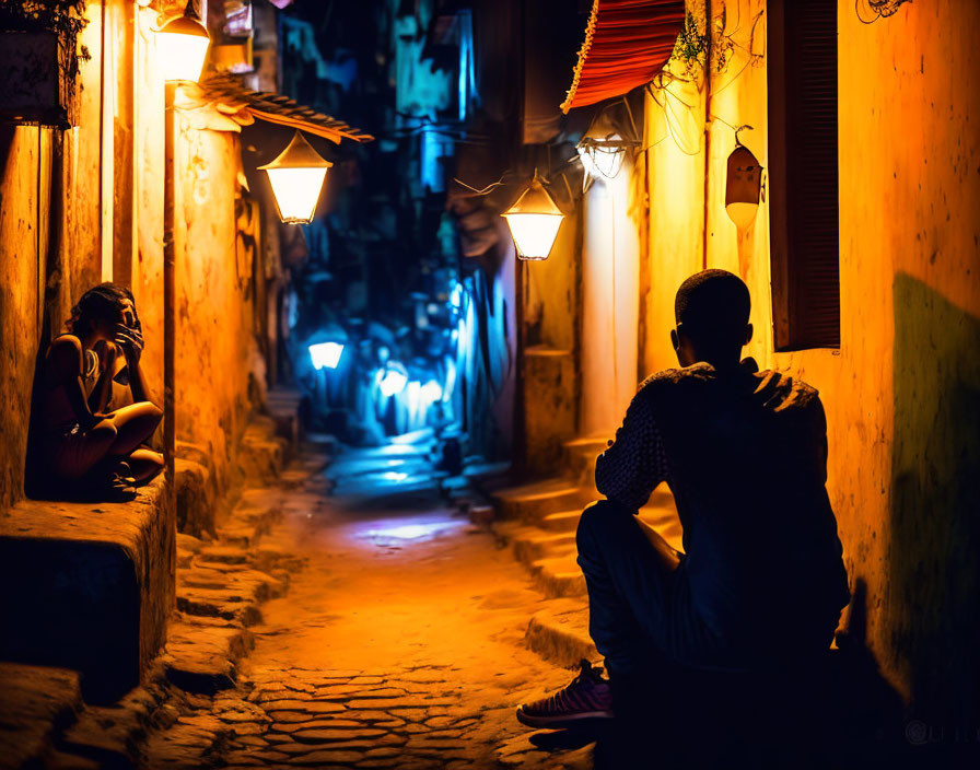 Dimly lit narrow alley at night with seated silhouettes