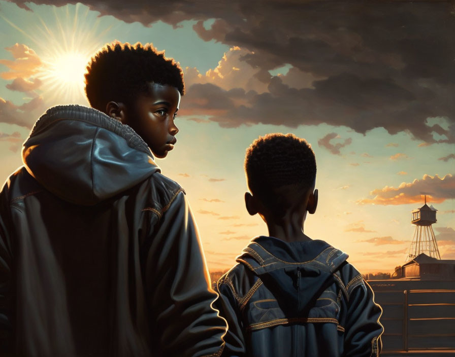 Two boys watching sunset by water tower under dramatic sky