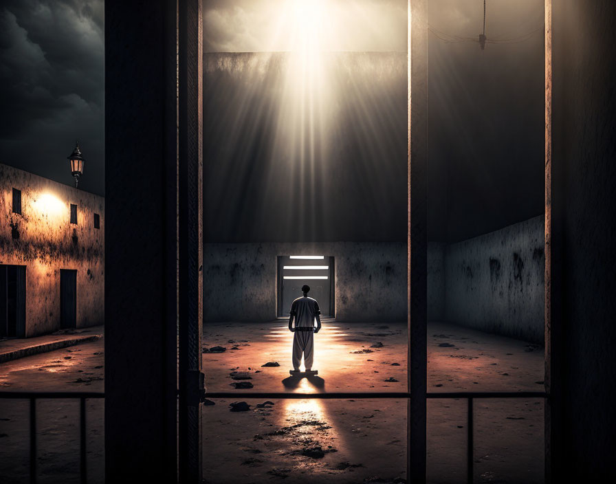 Solitary figure at open gate under sunlight and stormy clouds