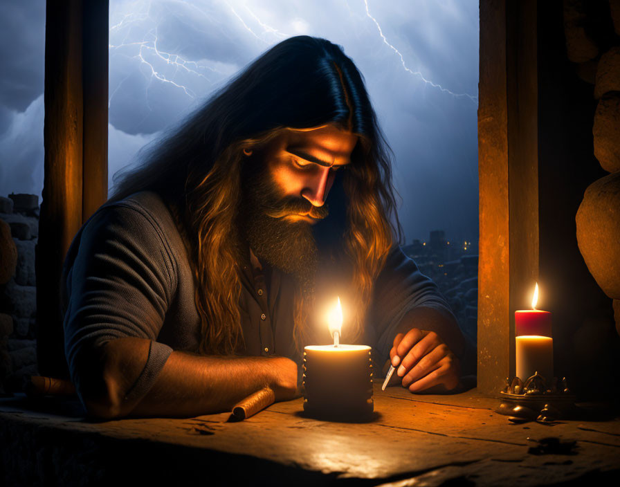 Bearded man gazes at candle in stormy setting