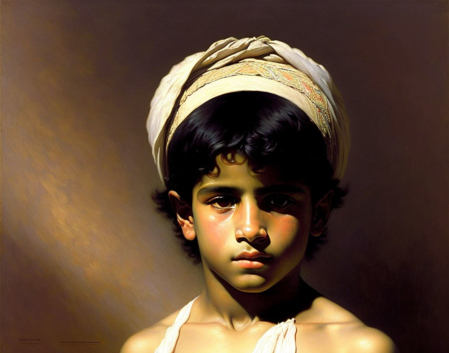 Young boy with dark hair in white turban against dark background