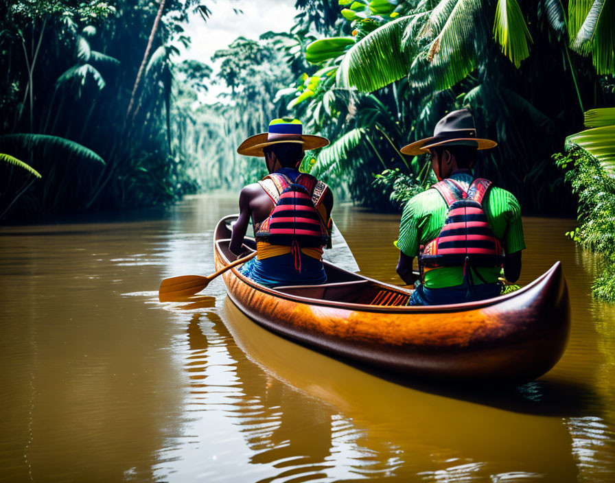 Two individuals in life jackets canoe on serene river amid lush greenery