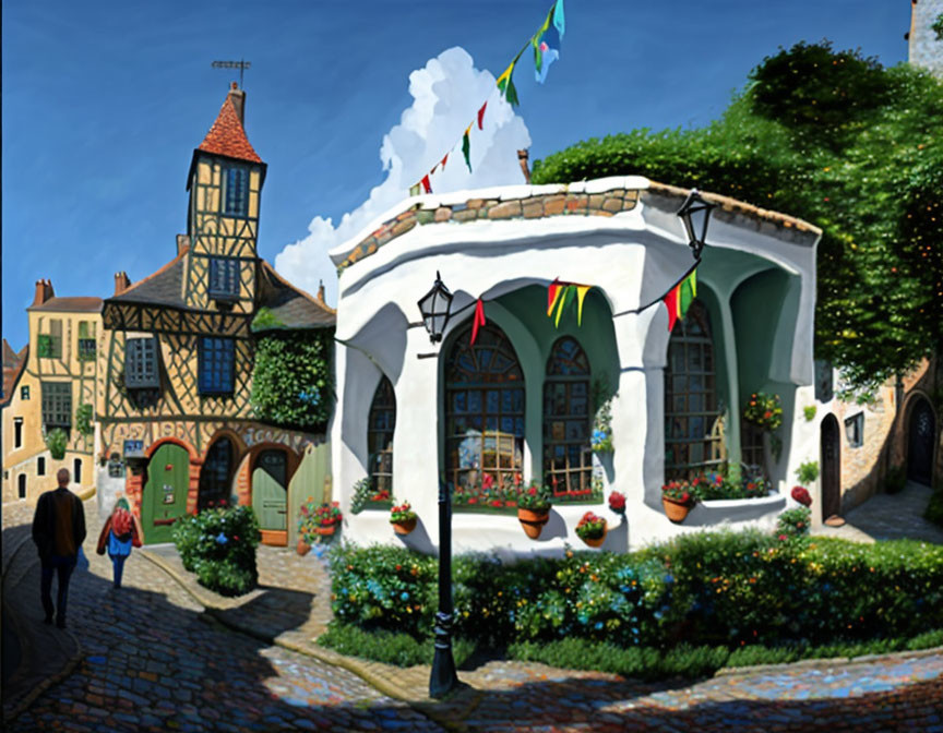 European Street Scene with Cobblestones, Corner Building, People, and Festive Flags