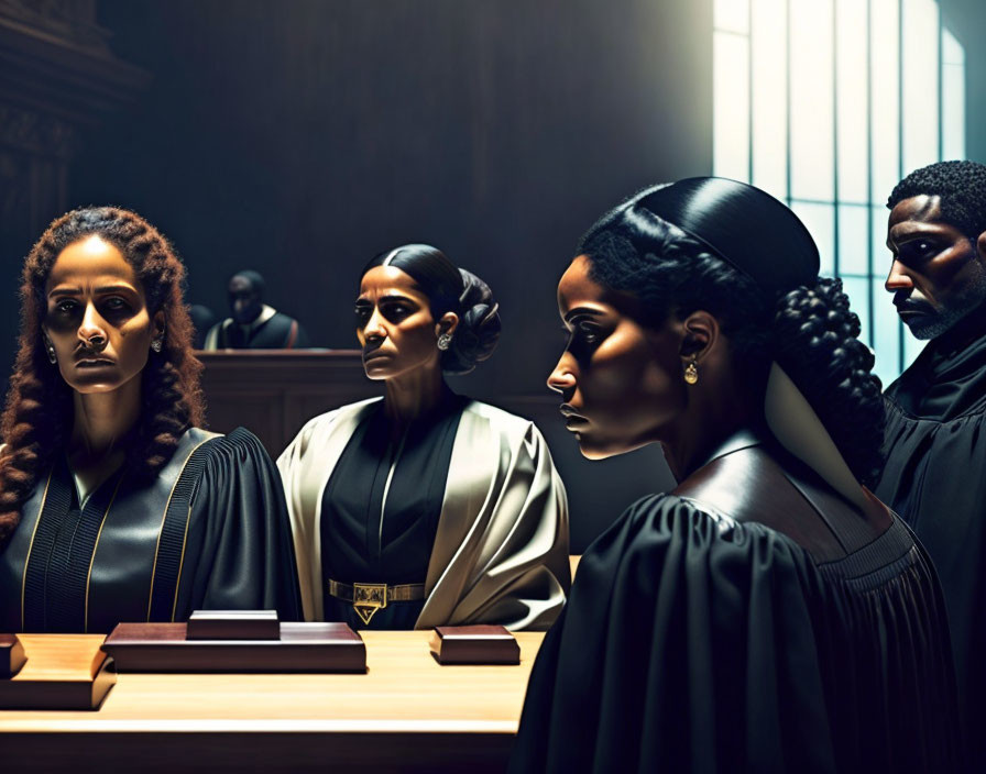 Four judges in robes in courtroom with standing person