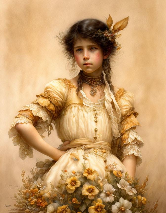 Detailed painting of young girl in vintage yellow dress with floral adornments.