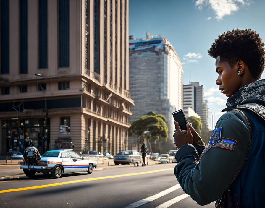 Person looking at smartphone near city buildings and passing police car