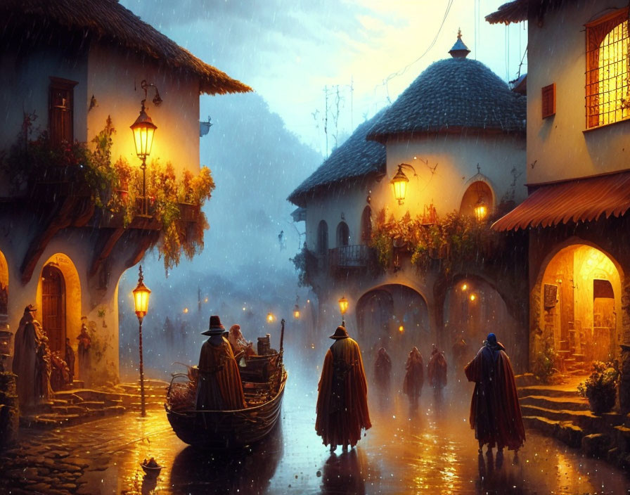 European-style village street illuminated by street lamps in evening rain, featuring people in cloaks and a boat