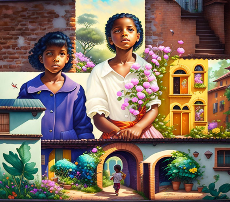 Children in front of vibrant houses amidst lush plants and flowers