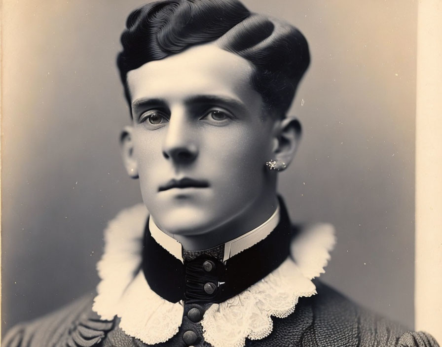 Classic portrait of young man with pompadour hairstyle and lace cravat.