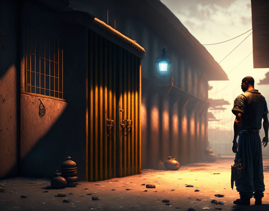 Person standing by yellow door in dim alley with pots, street lamp, and haze.