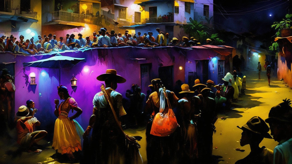 Colorful night scene in a village with people under streetlights & umbrellas