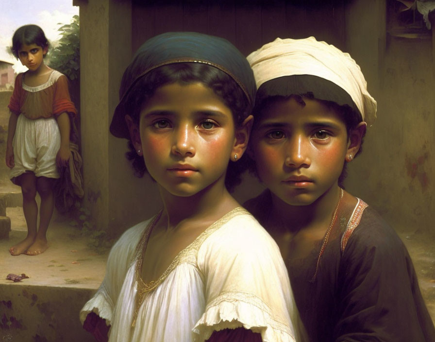 Three somber children, two in headscarves, one observing in the background