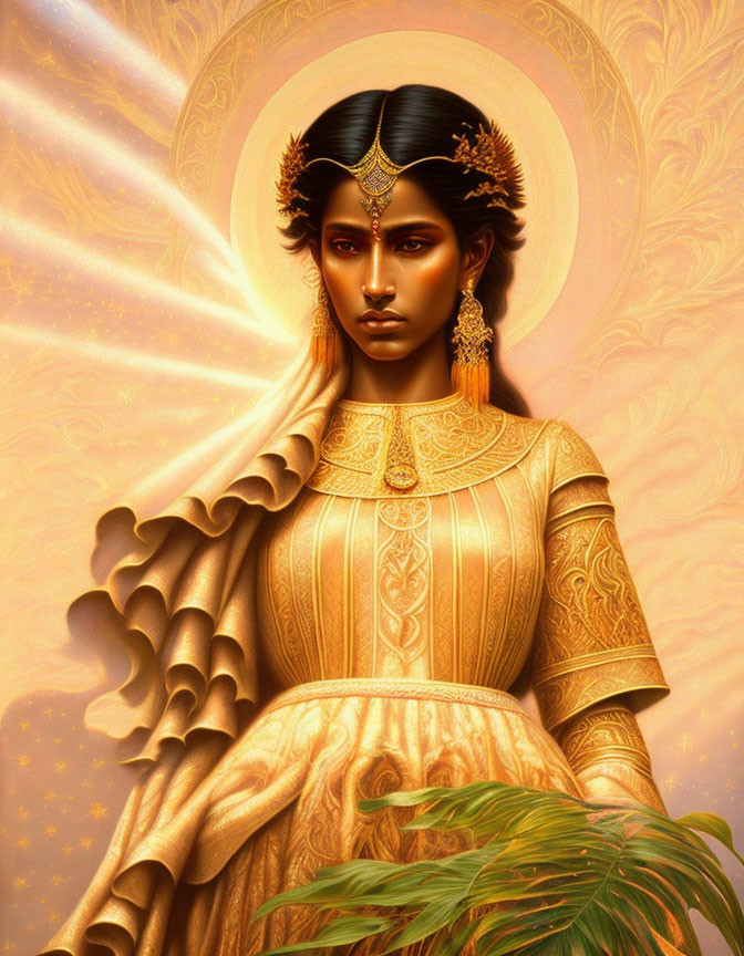 Regal woman with golden halo and attire