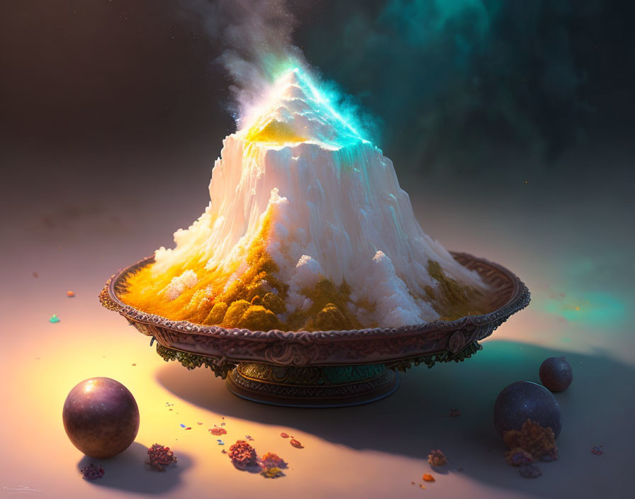 Digital artwork featuring rice mountain on decorative plate with aurora colors and spices, creating magical scene