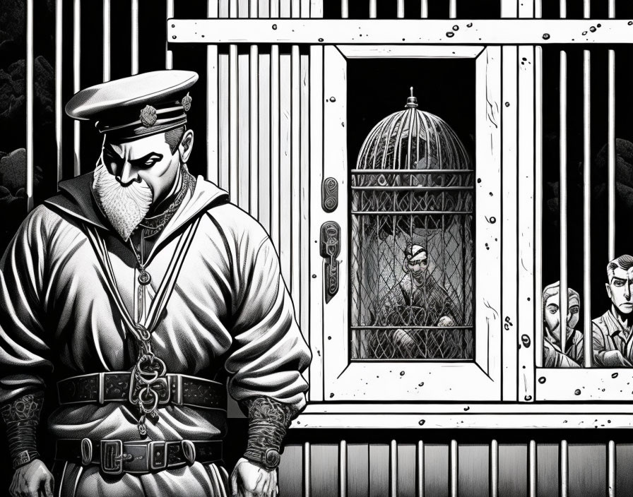 Monochrome illustration of stern-faced guard with keyring by caged window.