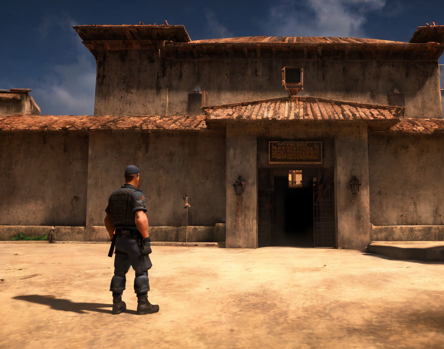 Security guard outside rustic building with "Authorized Personnel Only" sign under clear sky