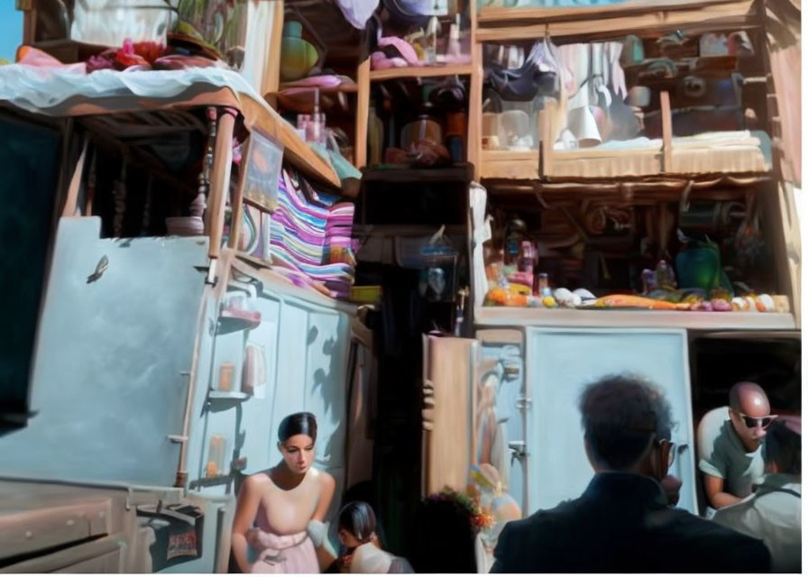 Woman and child in colorful shop with shelves, observed by two people outside