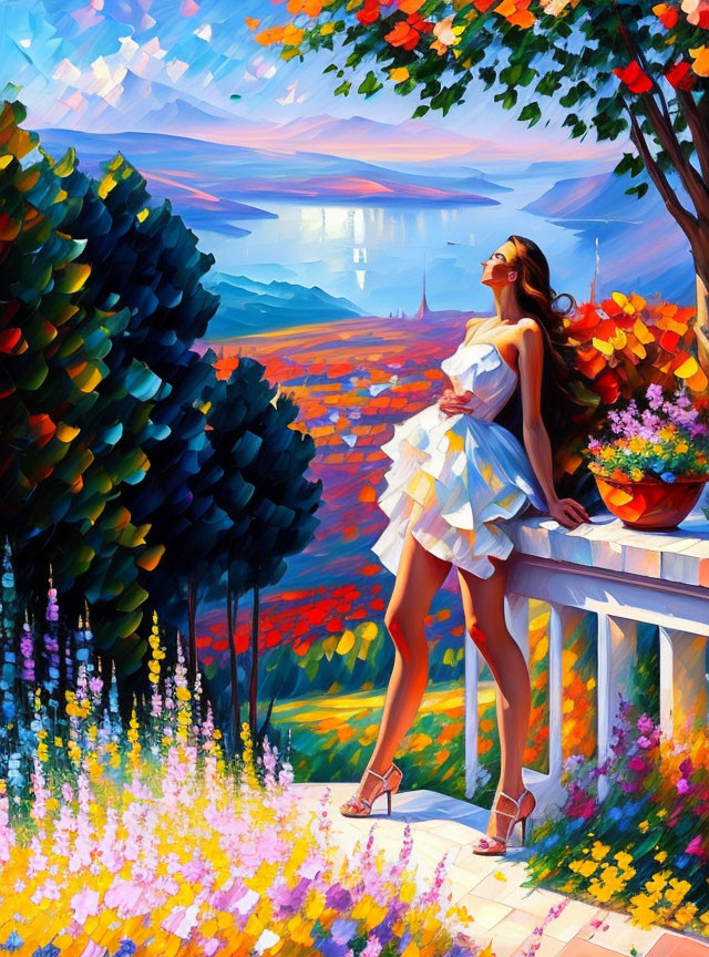 Woman in white dress admiring vibrant sunset landscape