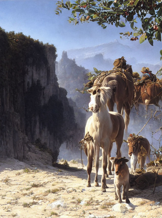 White horse, dog, and pack horse on cliff path overlooking gorge