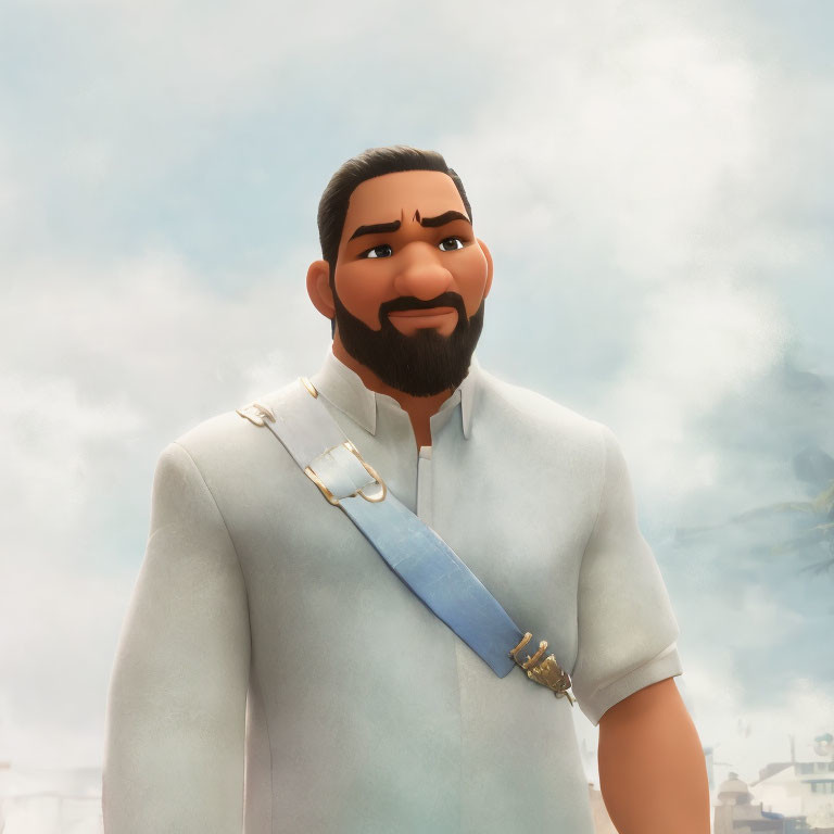 Bearded animated character in white tunic with blue sash smiling against blurred backdrop