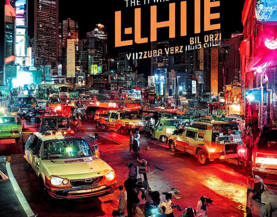 Vibrant city street at night with neon signs and yellow cabs