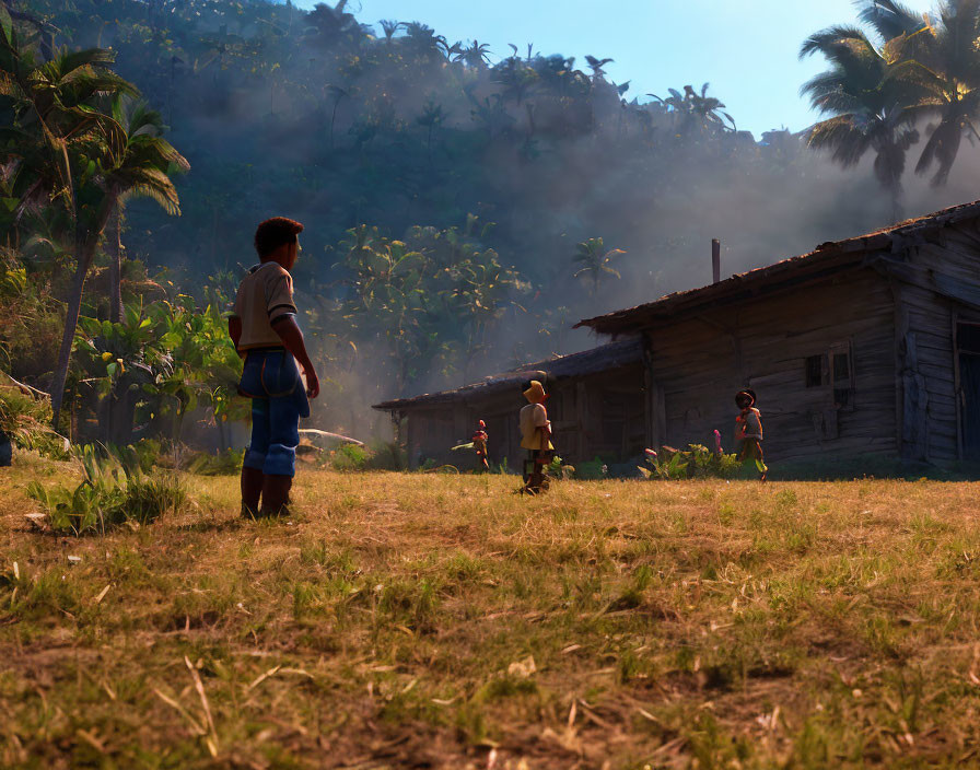 Rustic houses and children playing in grassy field with morning mist