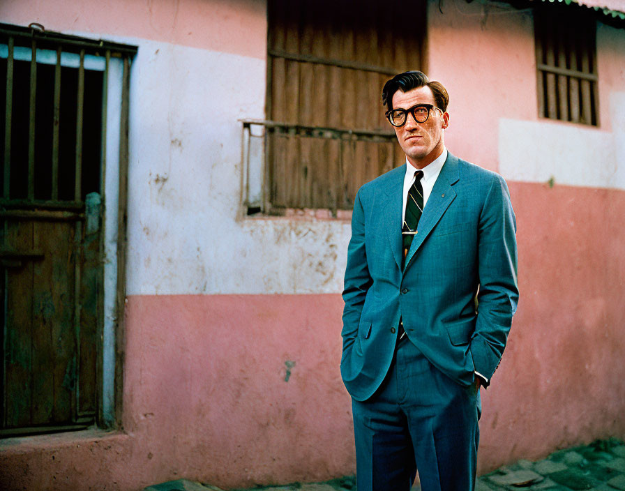 Man in retro blue suit and glasses near pink house with window