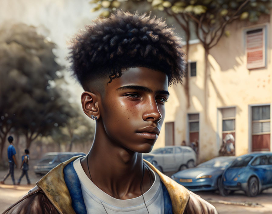 Young man with afro hairstyle and earrings in urban setting