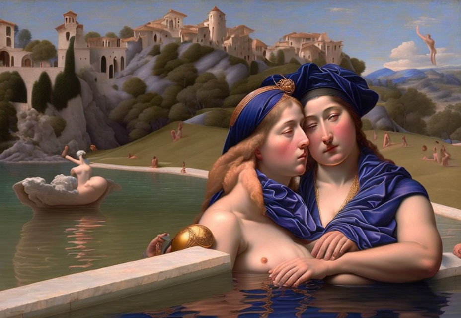 Two Women in Blue Robes with Classical Architecture and River Scene