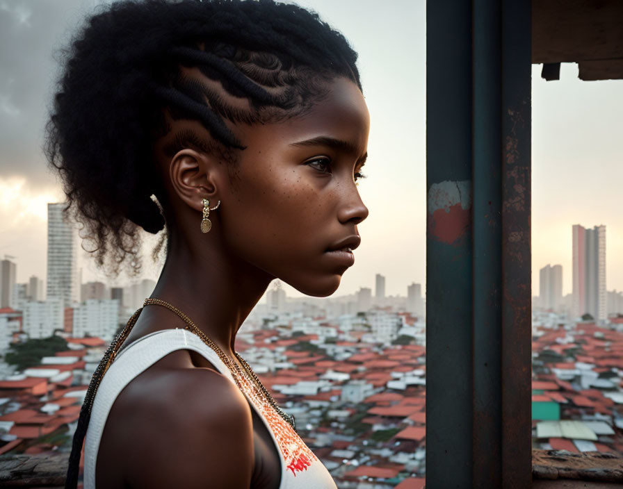 Braided-Haired Woman Contemplates Cityscape at Sunset