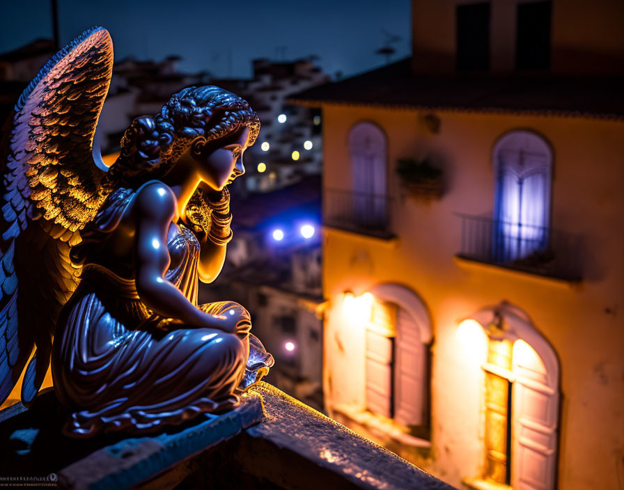 Pensive angel statue against night backdrop with illuminated windows