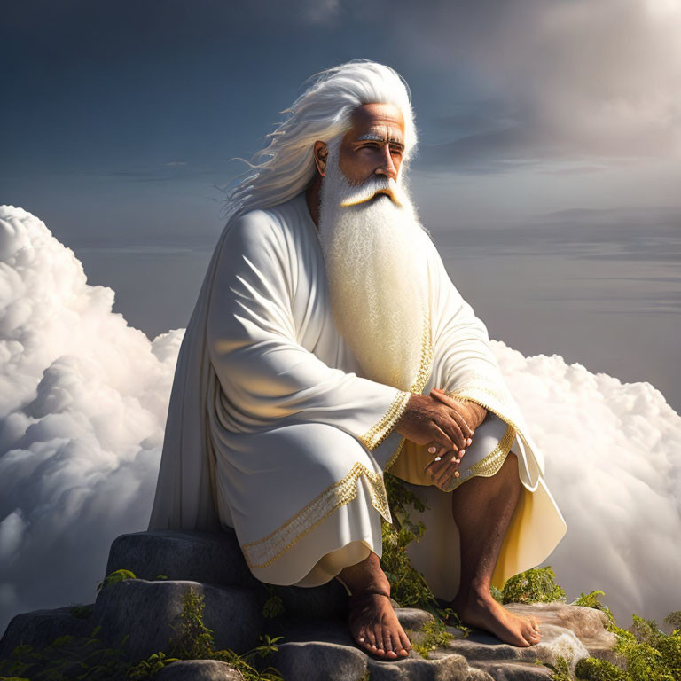 Elderly man with white hair in white robe sitting on rock among clouds