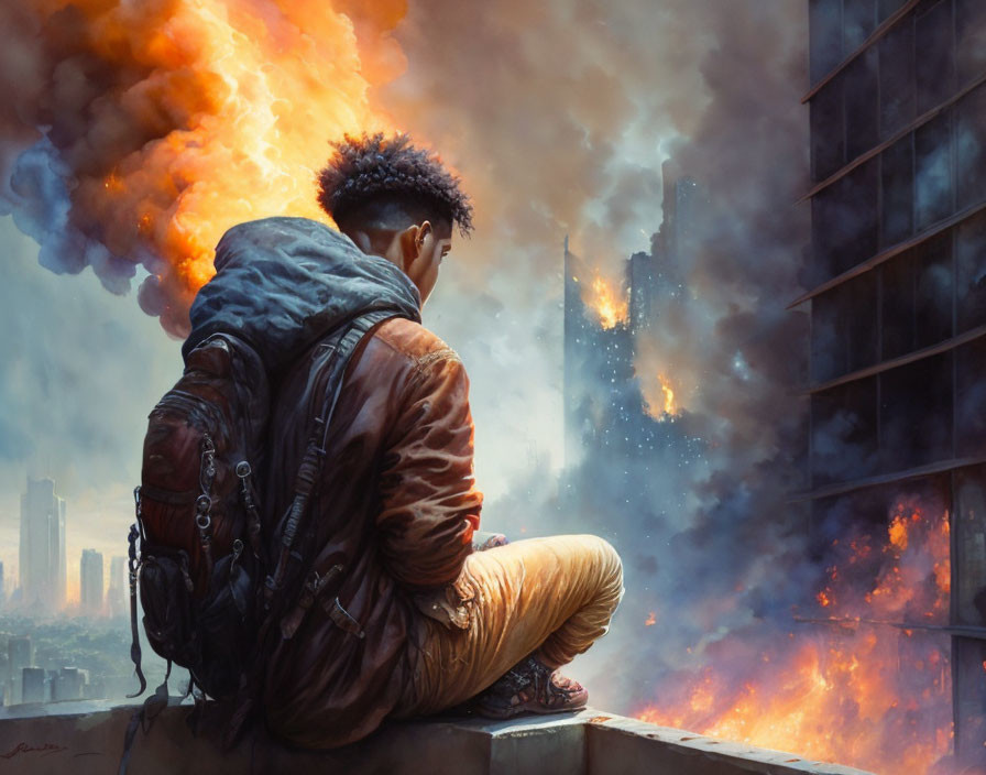 Person sitting on high ledge amidst cityscape engulfed in flames and smoke