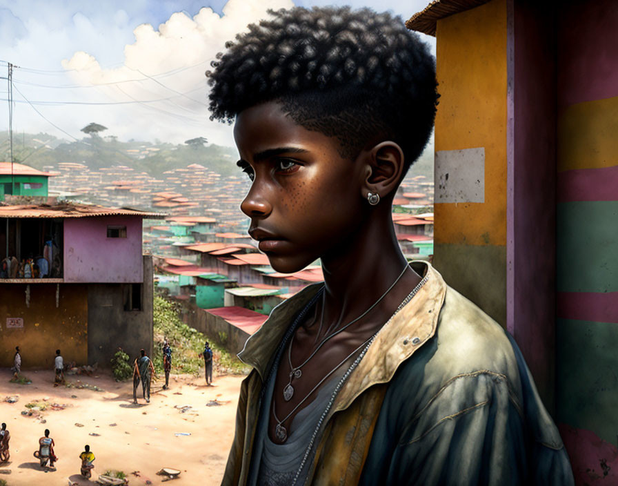 Digital artwork: Young person by colorful building in African community