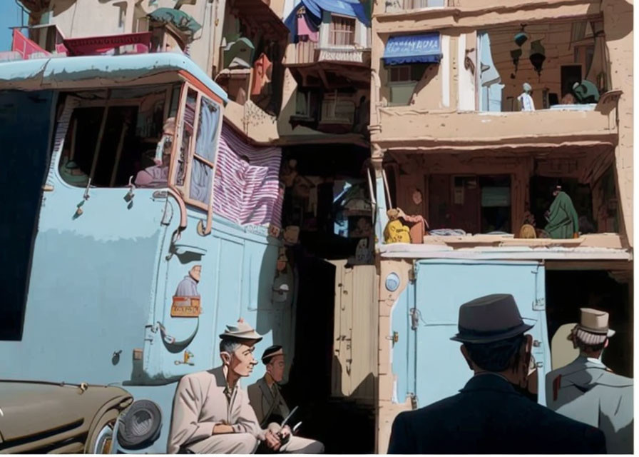 Busy Street Scene Illustration: People on Balconies, Vintage Car, Two Men in Foreground