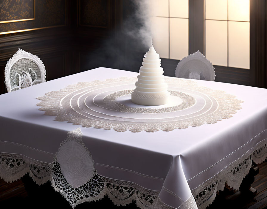 Steaming white pagoda on patterned tablecloth in wooden room.