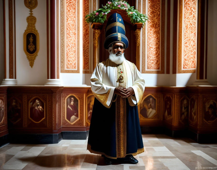 Bearded man in Orthodox clerical attire with cross in hallway surrounded by icons