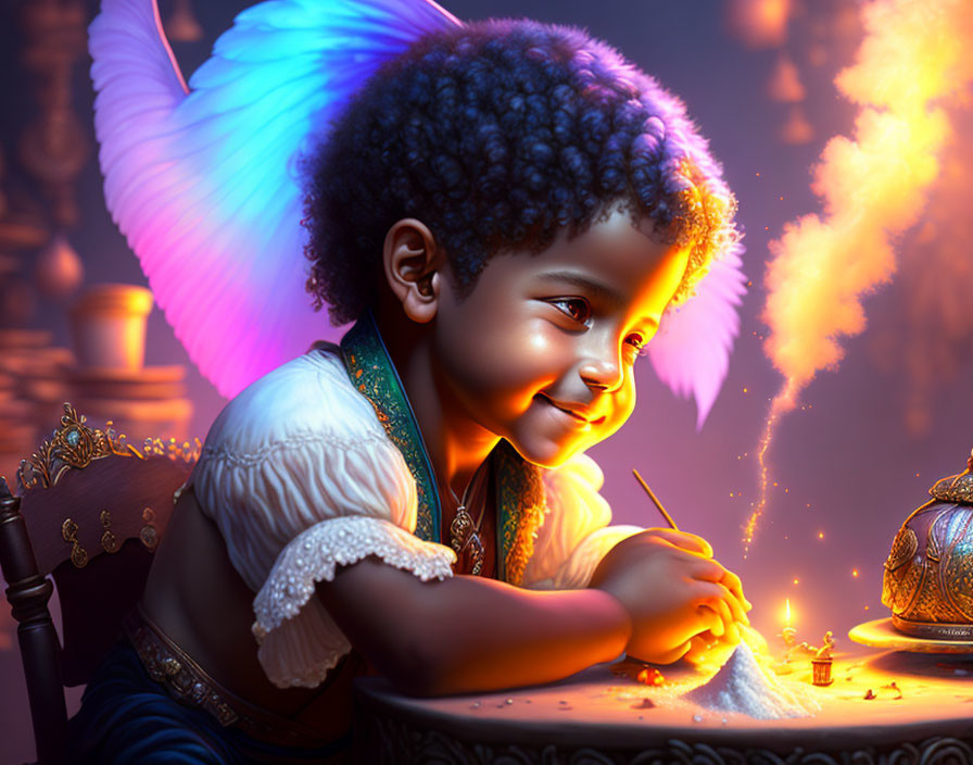 Curly-haired child marveling at glowing lamp in enchanting scene