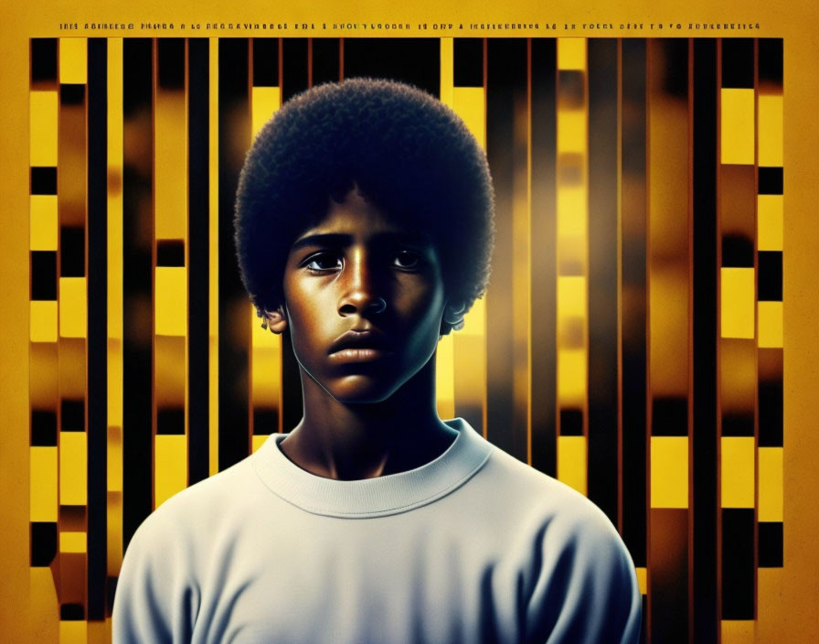 Young person with afro in front of yellow & black striped background