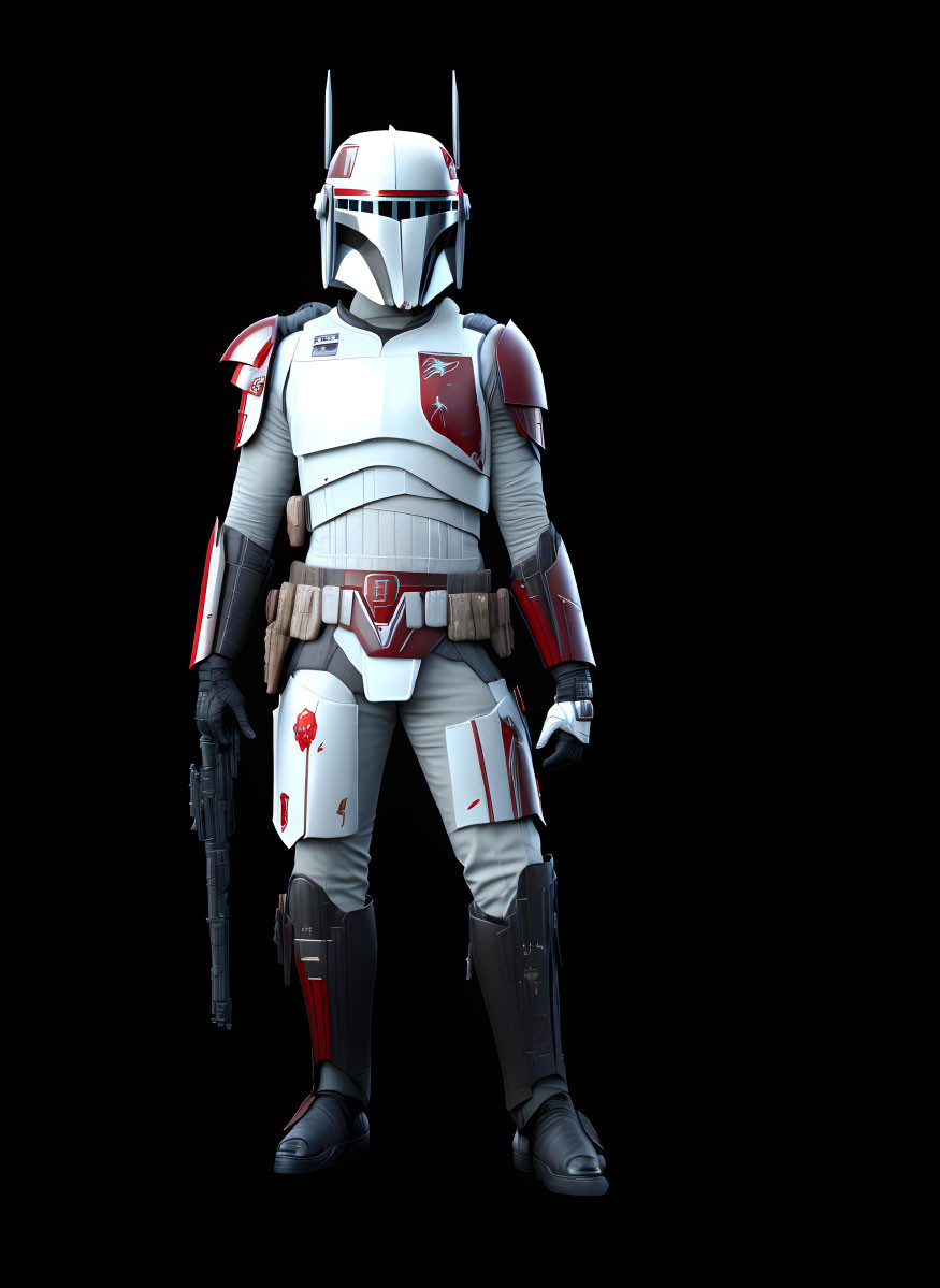 3D rendering of character in white and red Mandalorian armor