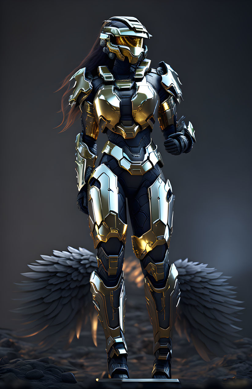 Futuristic armored character with glowing blue accents and wings on dark background