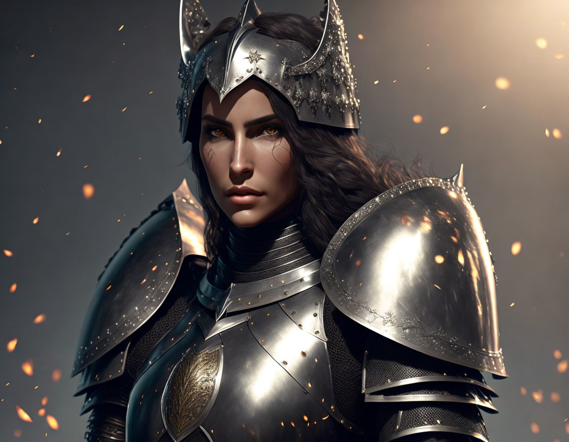 Digital artwork: Woman in medieval armor with helmet, surrounded by floating embers