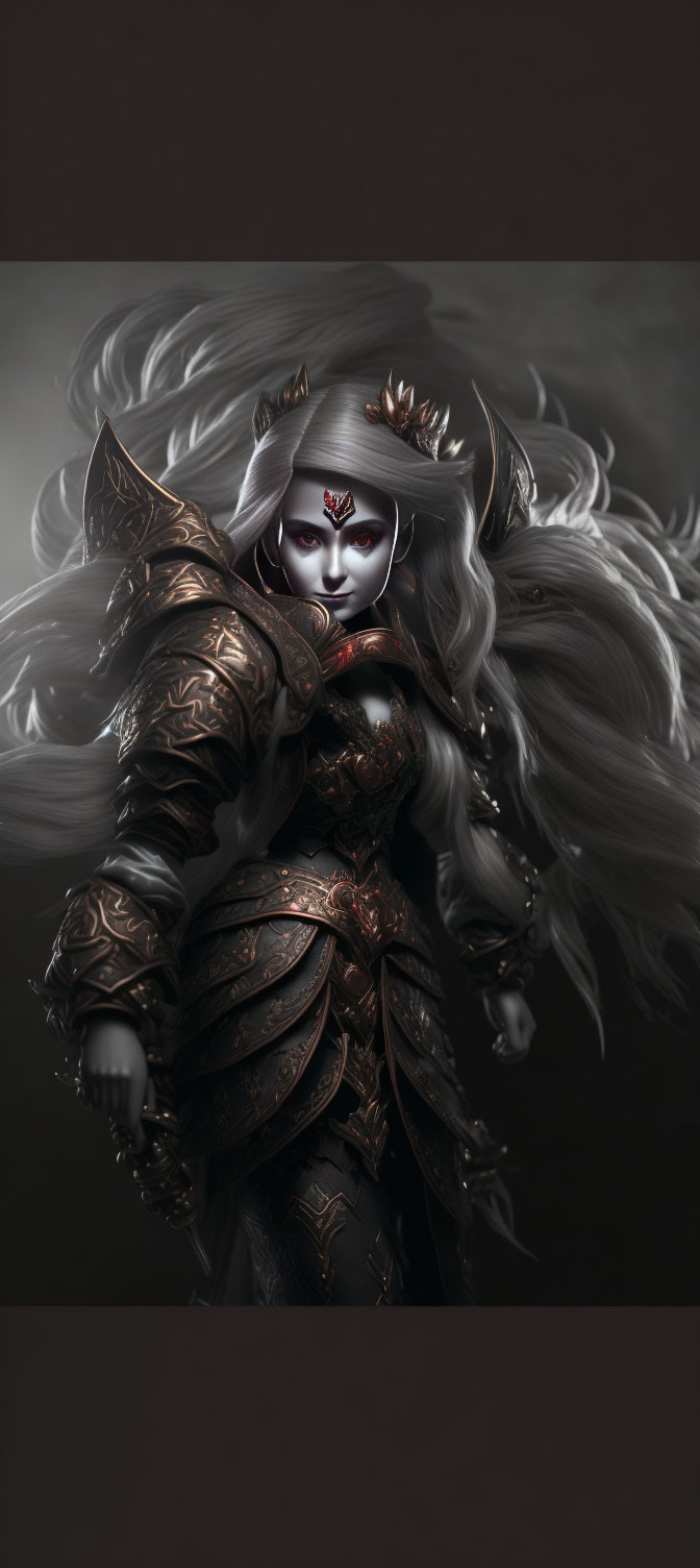 Fantasy female warrior in dark armor with white hair and mystical aura