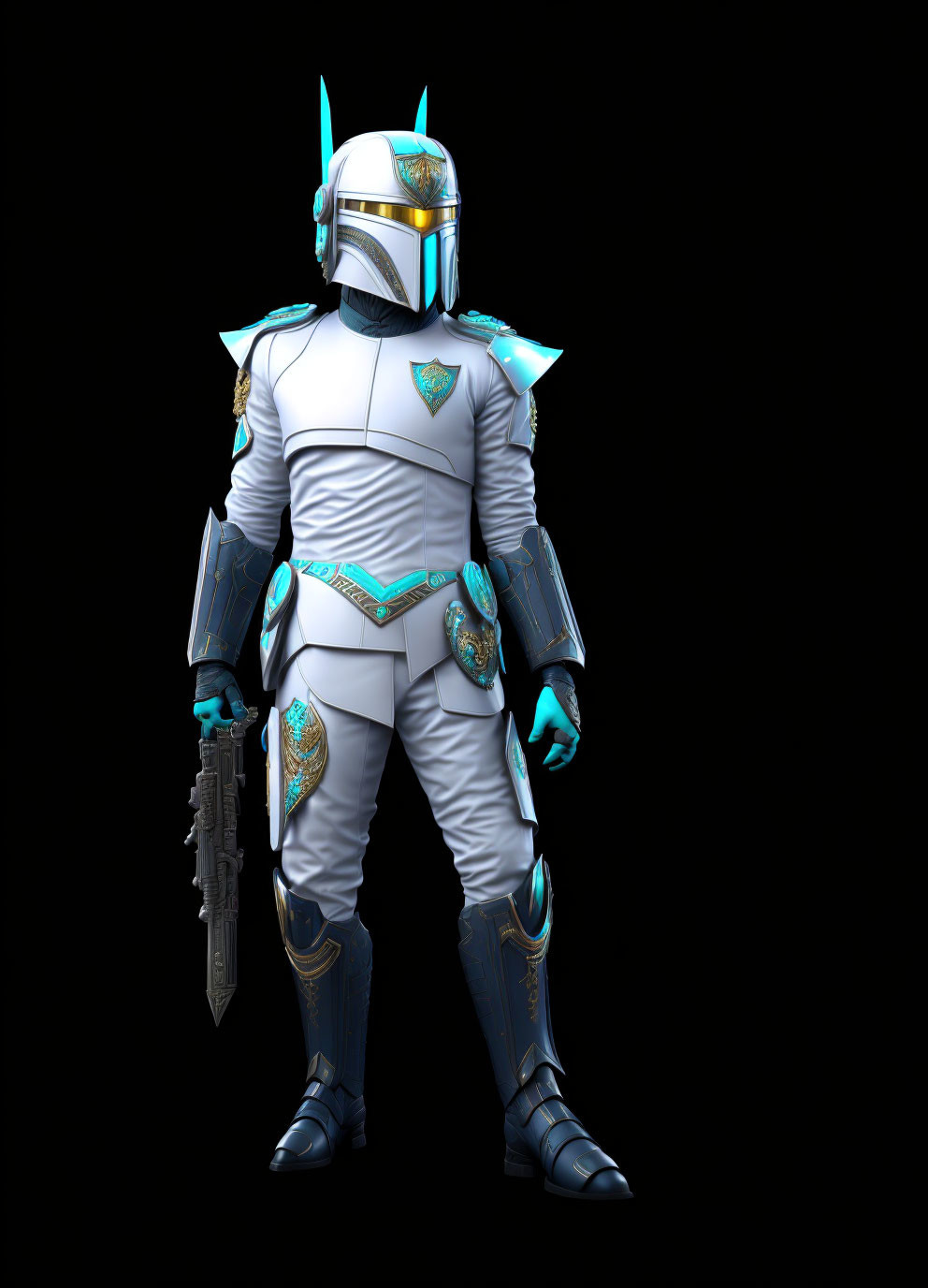 Futuristic figure in white and teal armor with blaster on black background