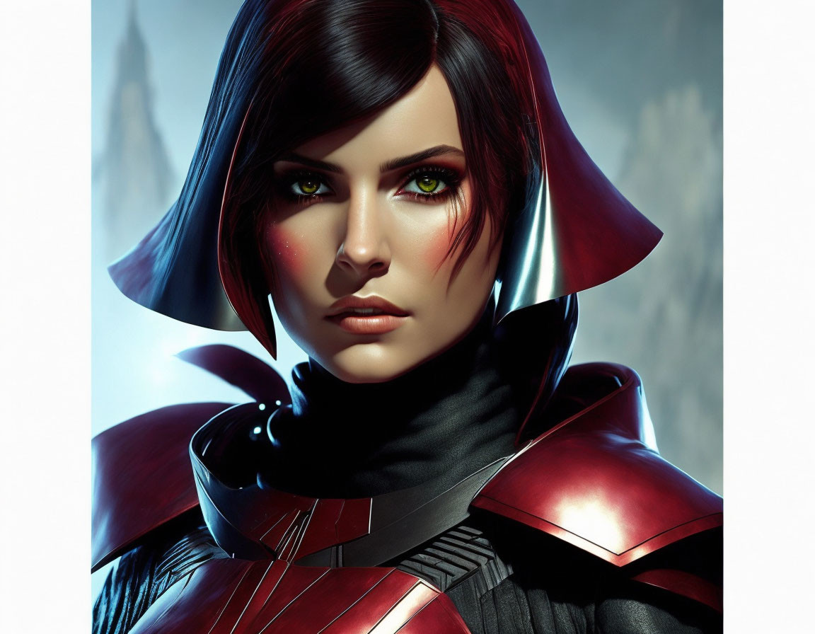 Digital artwork: Female character with short dark hair, green eyes, red hood, futuristic armor