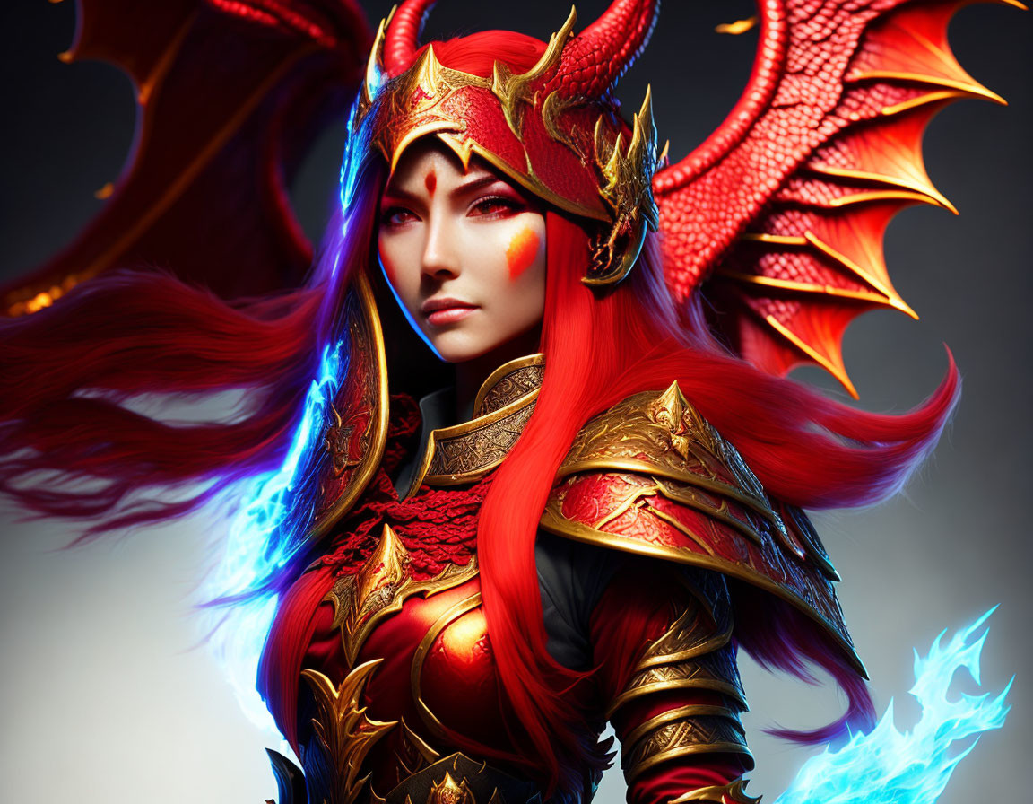 Fantasy figure in red dragon armor with wings and fiery blue glow