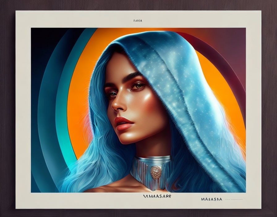 Digital portrait of woman in blue cosmic hoodie on orange backdrop in wooden frame