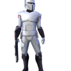 3D rendering of character in white and red Mandalorian armor