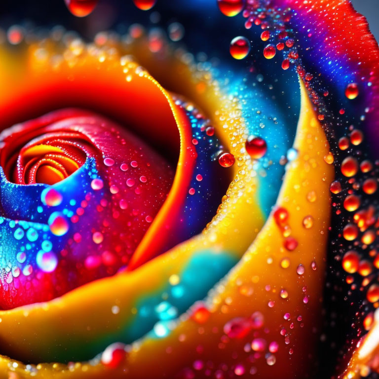 Vividly Colored Rose with Water Droplets on Rainbow Petals