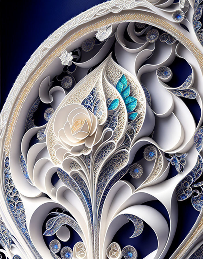 Digital artwork of white rose surrounded by blue and silver swirls.